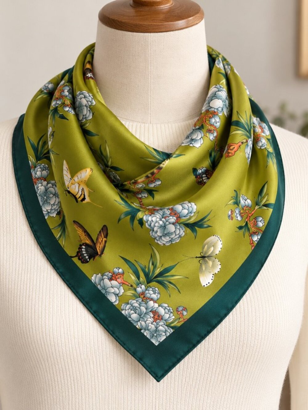 Elegant Floral & Butterfly Print Square Scarf – Olive Green
